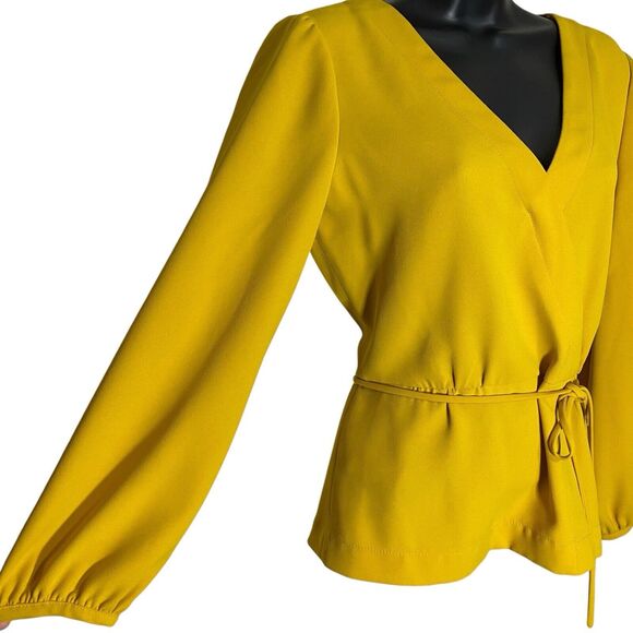 J Crew Top Women 2 Yellow Faux Wrap Draped Crepe V-Neck Long Sleeve Shirt Preppy - Picture 7 of 11